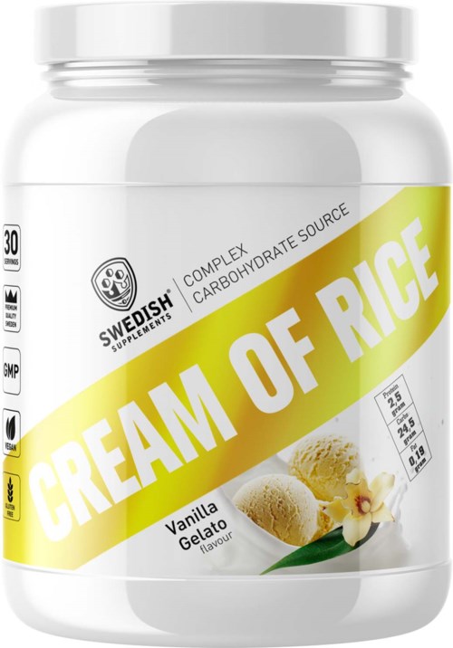En hvit beholder med etikett for vanilje gelato-smakende kosttilskudd kalt 'Cream of Rice' av Swedish Supplements.