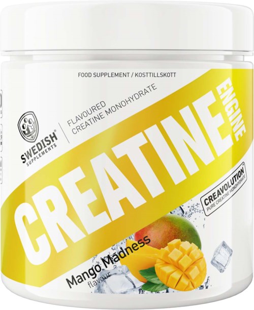 Beholder av mangosmakende kreatin supplement med iskuber og mango.