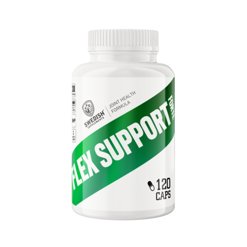 White bottle with green and black label, says "Flex Support" and contains 120 capsules.