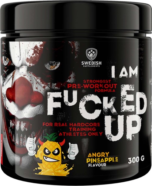 Ein schwarzer Behälter mit Clown, Ananasfigur und fettem roten und weißen Text über ein Pre-Workout-Supplement.