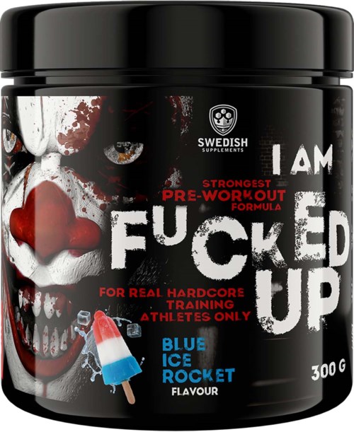 Ein schwarzer Behälter mit der Aufschrift 'I AM FUCKED UP' mit Schädel- und Eis-Design, angeblich Pre-Workout für Sportler, blauer Eis-Raketen-Geschmack.