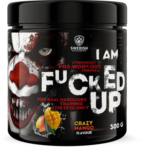 Behälter mit Pre-Workout-Supplement im Mangogeschmack, mit aggressivem Clowngesicht, fettem Text und Fruchbilder.