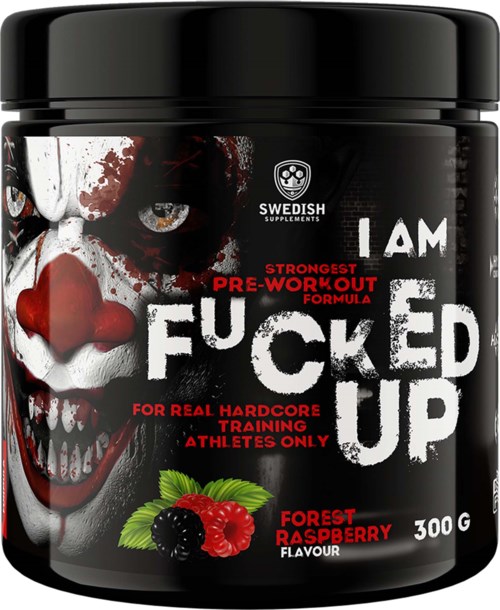 Ein schwarzer Behälter mit Nahrungsergänzung, Clownengesicht, Himbeeren und Brombeeren, als Pre-Workout für Athleten.