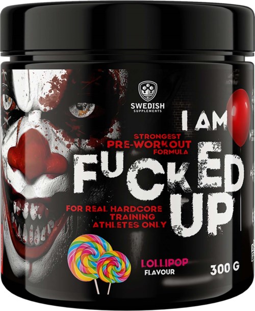 Ein schwarzer Behälter mit Clown-Gesicht und fettem Text, der starke Pre-Workout für harte Athleten verspricht, mit Lutscher-Geschmack.