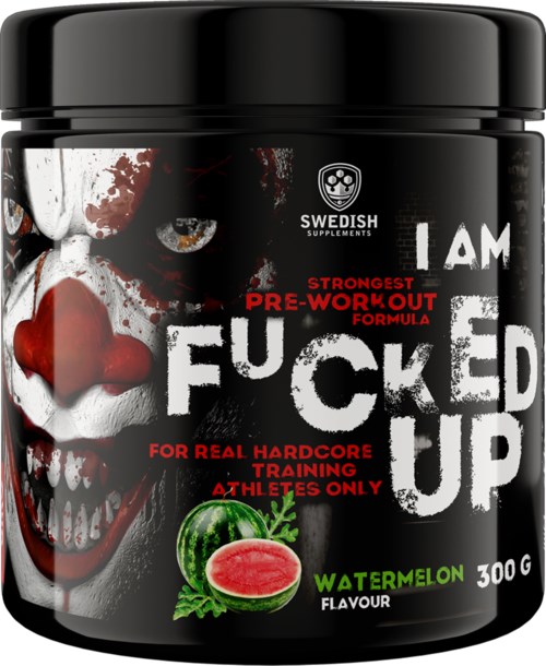 Förpackning av pre-workout-tillskott med namnet "I AM FUCKED UP" med vattenmelon smak, med clownansikte och sliten text.