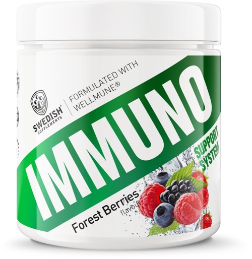 Immuntilskudd med skogsbærsmak, støttet av svenske kosttilskudd og Wellmune. Har bilder av bær på etiketten.