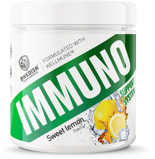 Immunstøttende supplement med sitrussmak, i en hvit beholder med grønn etikett, inkludert sitron- og vannskyllebilder.