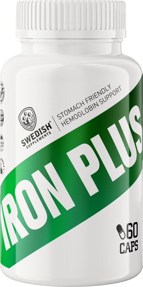 White bottle with green and black label. Text says 'Iron Plus', supports stomach health and hemoglobin. Contains 60 capsules.