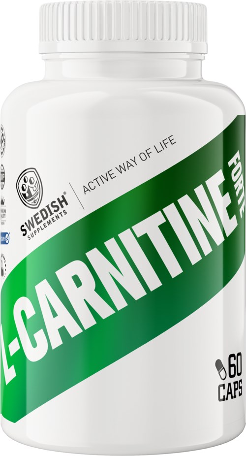 En hvit flaske med en grønn etikett som sier "L-CARNITINE FUEL" og inneholder 60 kapsler.