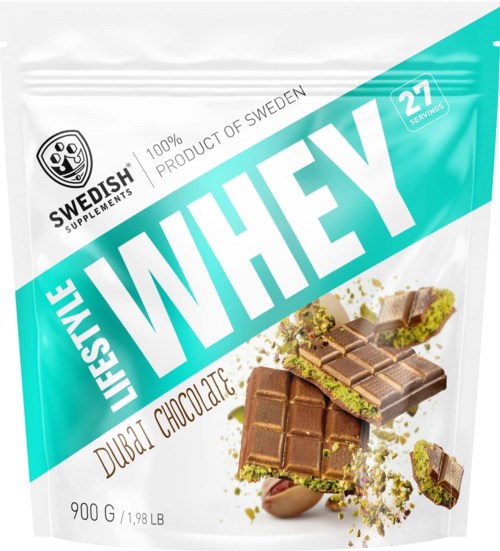 En pose med Whey sjokolade fra Sverige viser sjokoladebiter med pistachio og mandel, og nevner 27 porsjoner.