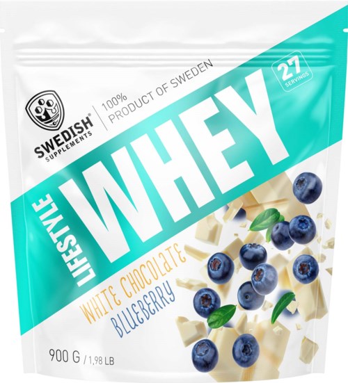 En pose med myseprotein med blåbær, hvit sjokolade og grønne blader.