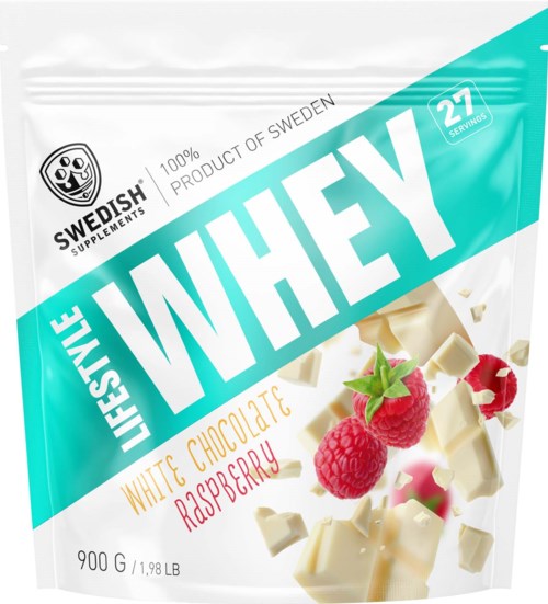 En pose med Swedis Supplements hvit- og sjokoladerysbærsmak whey-protein med bringebær og hvit sjokolade.