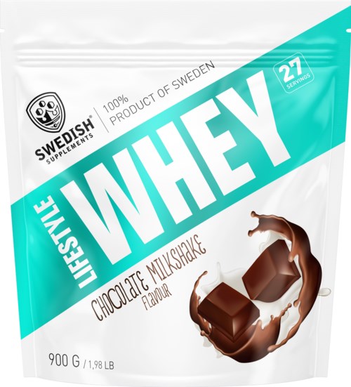 A teal and white bag of chocolate-flavored whey protein powder with a chocolate piece splash design.