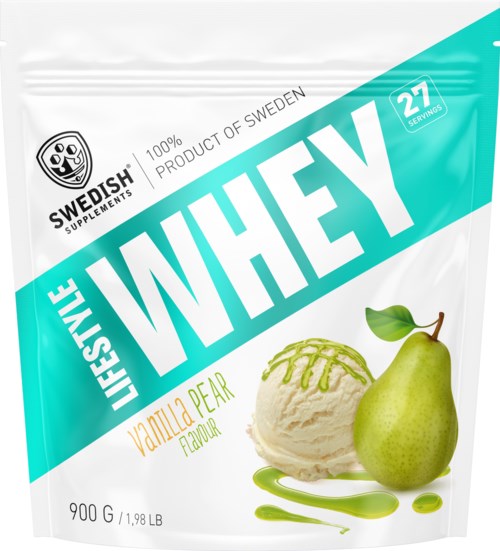 A white and blue package of whey protein with vanilla pear flavor, showing a pear and ice cream scoop.
