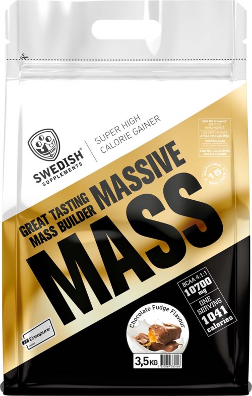 A bag of Swedish Supplements Massive mass builder with chocolate fudge flavor, weighing 3.5 kg, designed for high-calorie gains.
