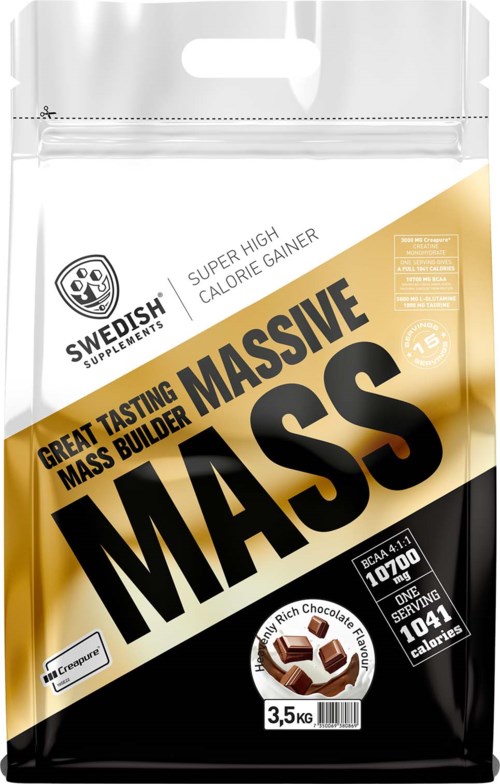 A bag of Swiss Supplements' massive mass builder protein powder, black and gold packaging, weight 3.5 kg.