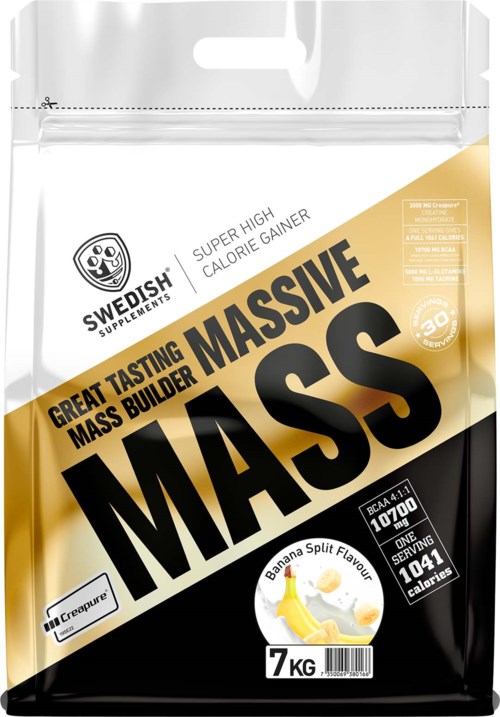 Suuri Swedish Supplements Mass Builder -proteiinijauhepussi, banaanis maku, painaa 7 kg, paljon kaloreita.