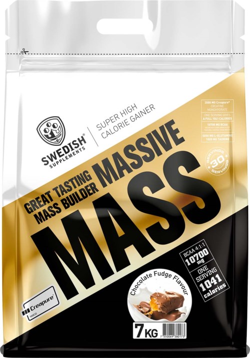 A large bag of Swedish Supplements' Mass gaining powder, chocolate fudge flavor, 7 kg, high calorie, 30 servings.