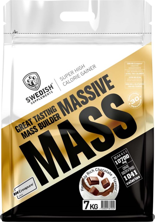 A white, gold, and black packet of Swedish supplements called MASS, weighing 7kg, with high calorie and chocolate flavor.