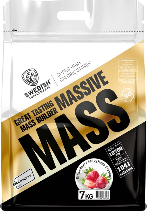 Golden and black packaging for a large container of strawberry milkshake flavor mass gainer supplement.