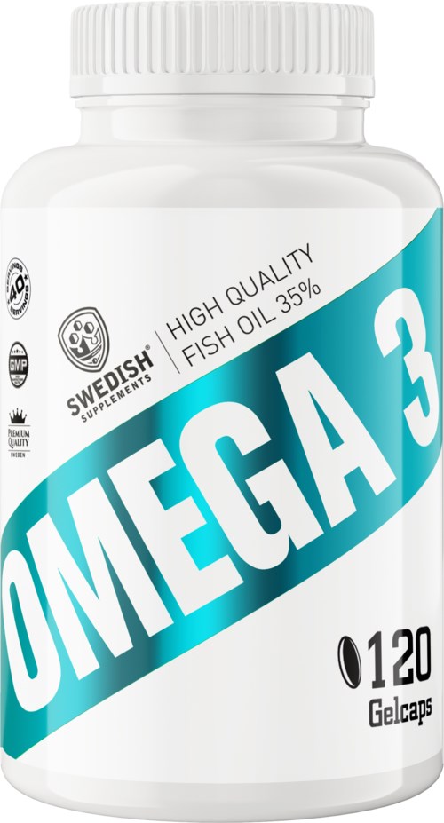 A white bottle labeled Omega 3 with fish oil, containing 120 gel caps, emphasizing high quality and health benefits.
