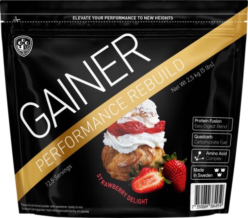 Gainer Leistungsaufbau Pulver mit Erdbeeren, Brot und Erdbeeren. Es fördert Energie und Muskelwachstum.