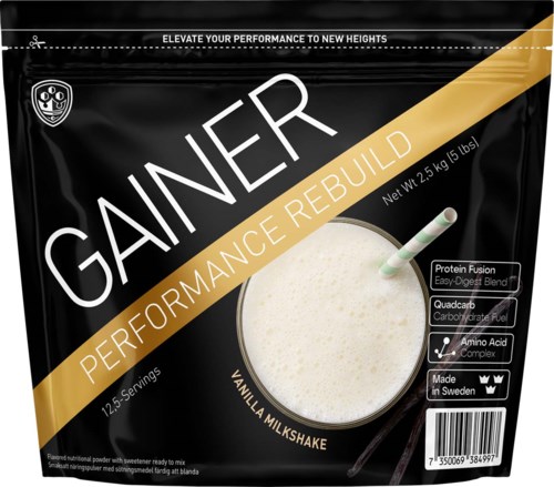 A black packet with gold and white text, showing vanilla milkshake, serving info, and ingredients. It is a protein supplement.