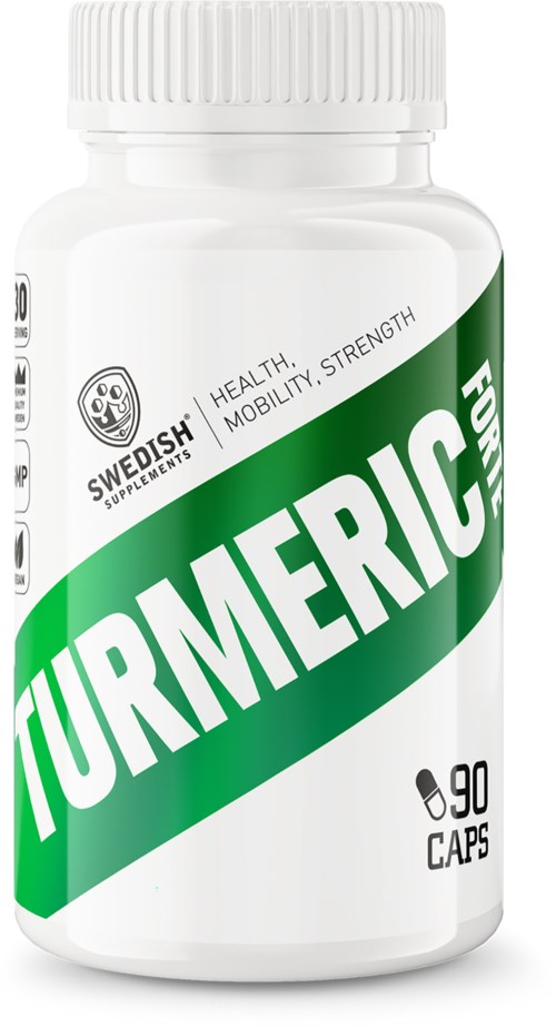 A white bottle with a green label reads 'Turmeric FOR' and contains 90 capsules. It promotes health, mobility, and strength.