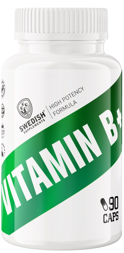 En hvit flaske med en grønn etikett som sier "Vitamin B" og inneholder 90 kapsler.