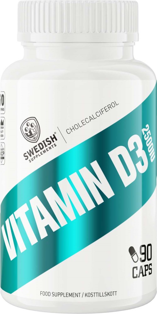 A white bottle labeled Vitamin D3 with 90 capsules and bright teal and white text.