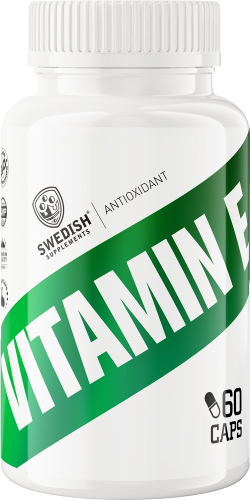 A white bottle labeled 'Vitamin F' with green diagonal stripe, containing 60 capsules, says it is an antioxidant from Swedish Supplements.