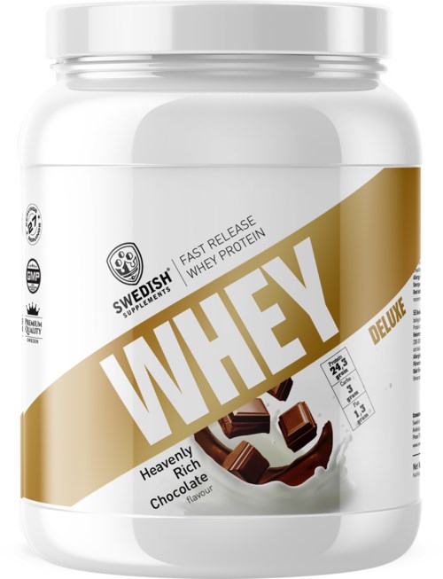 Swedish Supplements -levypakkauksen valkoinen säiliö, jossa on vanilja ja suklaa, kulta ja ruskeat tarrat ja suklaapala.