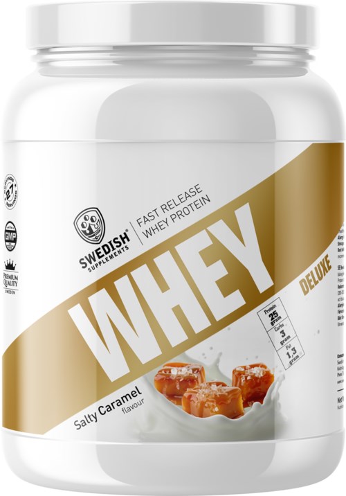 White container of whey protein with caramel flavor, labeled "Deluxe" and key product features listed on the front.