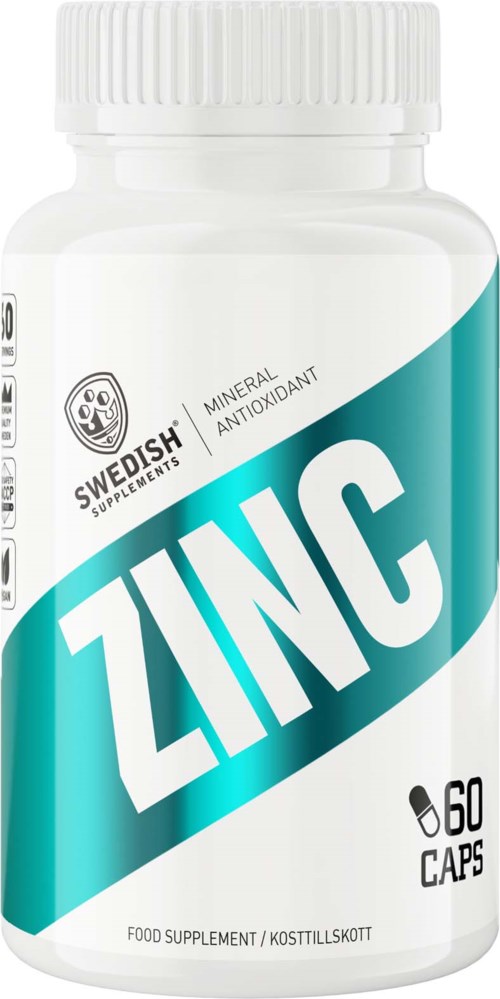 A white bottle labeled Zinc with 60 capsules, a Swedish supplement, showing a blue and white design.