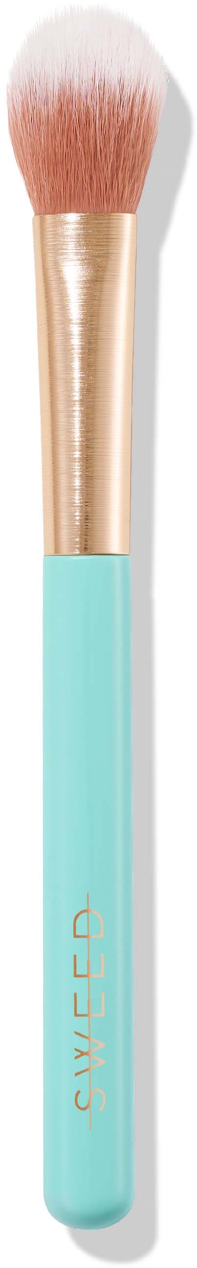 A makeup brush with a pink and white fluffy top, gold handle, and a light blue lower part with brand name.