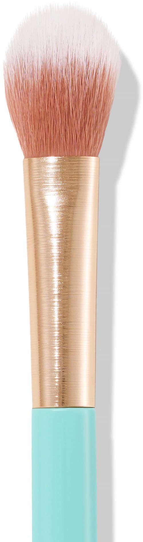 A makeup brush with a gold handle, pink bristles, and a turquoise bottom, set against a white background.