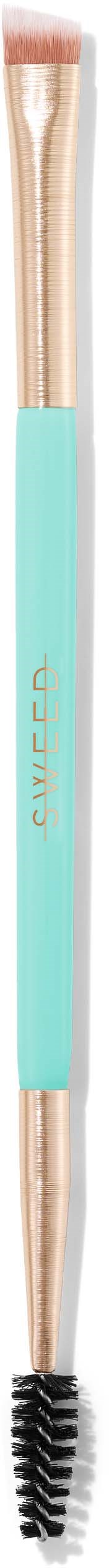 A thin brush with light blue handle and black bristles, designed for applying makeup or cleaning small surfaces.