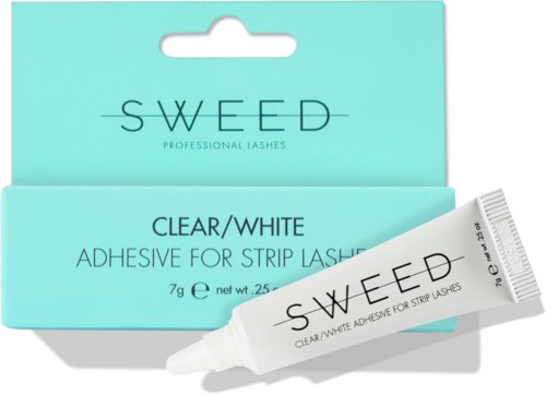 A box and tube labeled 'Sweed' for lash adhesive, clear and white, used for strip lashes.