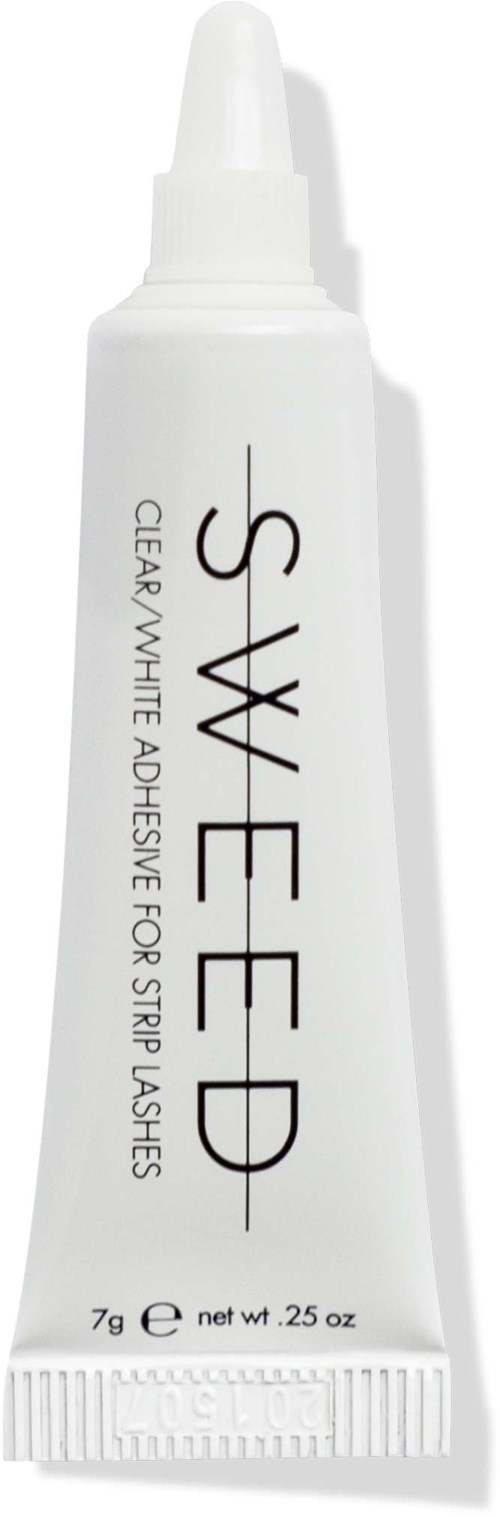 A small white tube labeled "SWEED" for clear, white adhesive for strip lashes, weighing 7 grams.