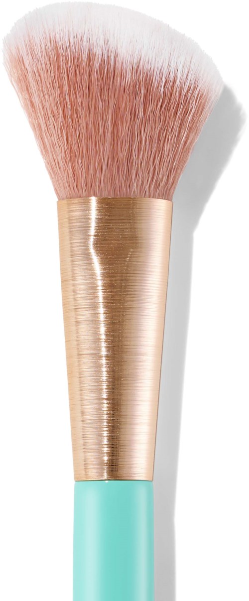 Een make-up kwast met een roze pluizige kop, gouden handvat en lichtblauwe onderkant.