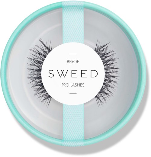 Lush, long false eyelashes in a round mint-green case, labeled 'Sweed Pro Lashes.'