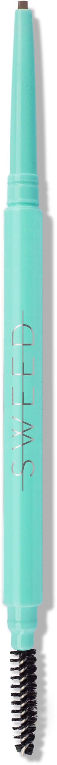 A light blue eyebrow pencil with a spoolie brush on one end and a twist-up product on the other.