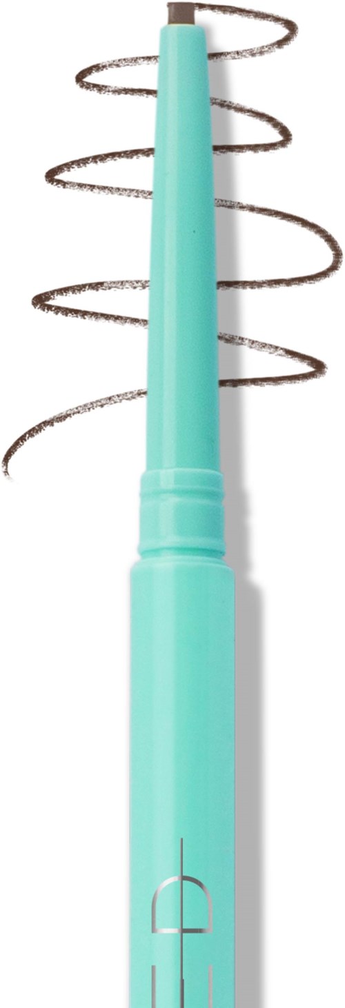 A blue cosmetic pen with a fuzzy tip, used for applying or shaping eyebrows.