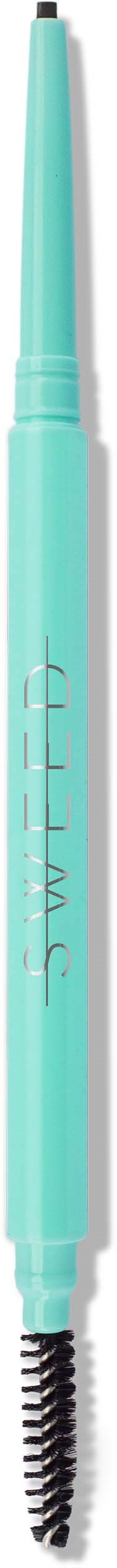 A light blue eyebrow pencil with a spoolie brush at one end.