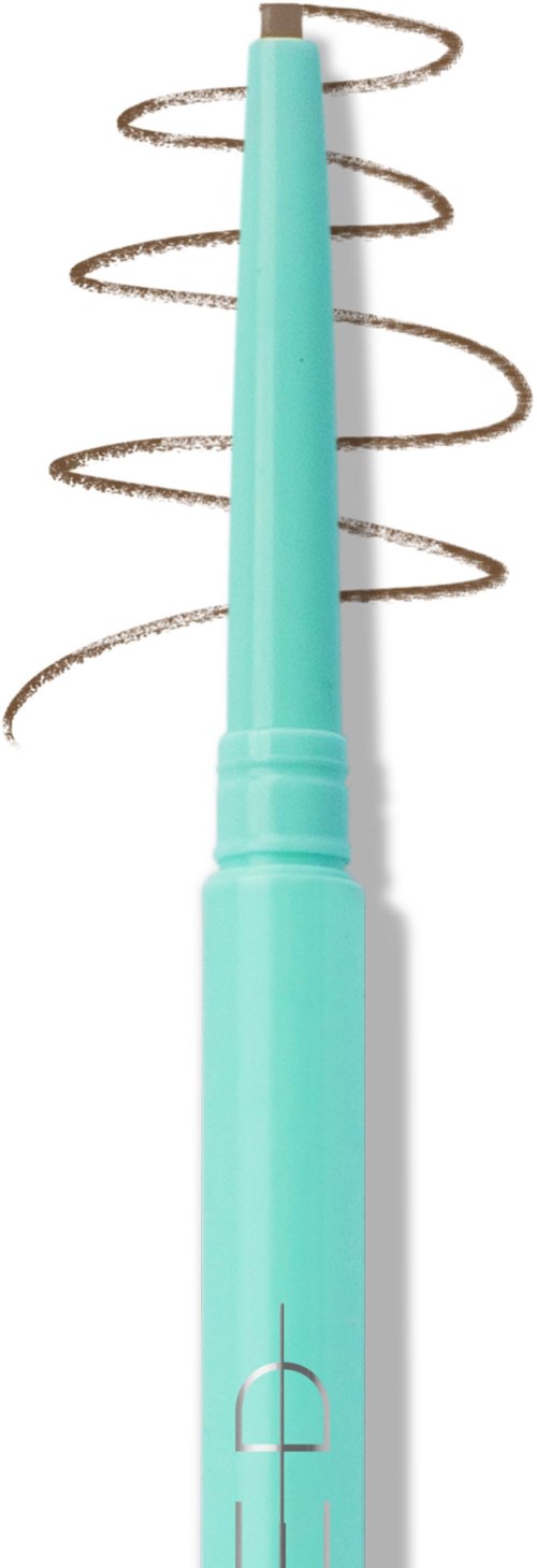 A blue eyebrow pencil with a curling design and a pointed tip for shaping eyebrows.