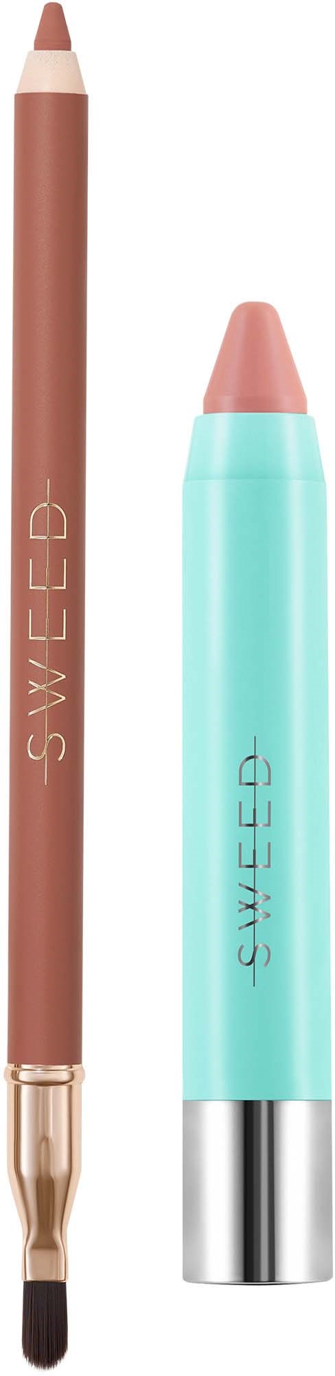 A dual-ended makeup stick with a lip color on one side and an applicator on the other, both in pastel shades.