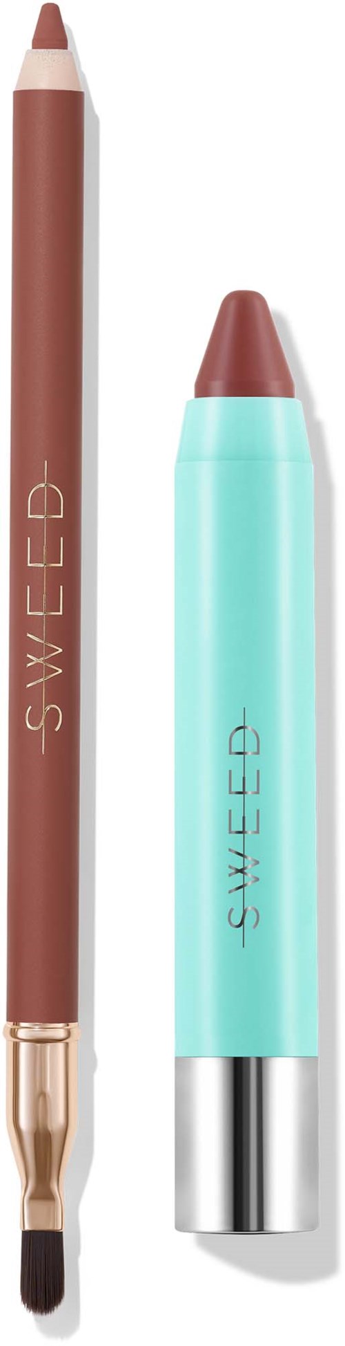 A lip liner and lip balm, both in pastel turquoise and brown with gold accents, labeled 'SWEED' and 'SHEER'.