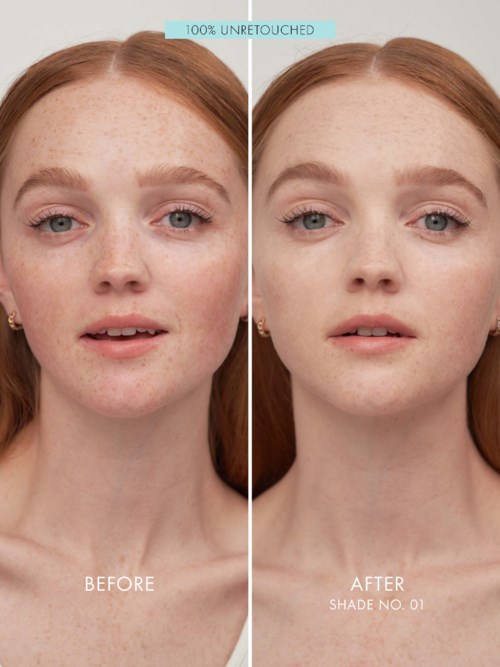 Side-by-side comparison shows a woman with freckles before and after makeup, looking more even-toned and smooth after application.