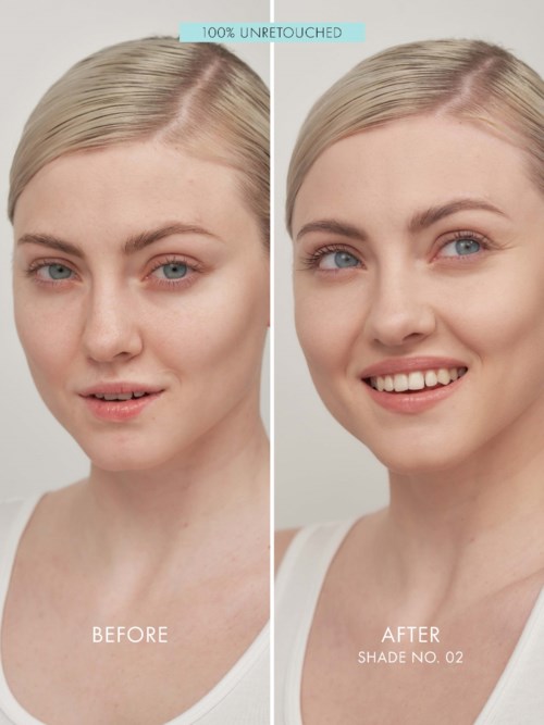 A side-by-side comparison showing a woman's face before and after skincare or makeup. She is smiling in the after image.
