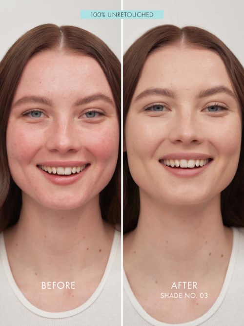 Side-by-side photos show a woman smiling before and after using makeup or editing, with clearer skin and a more even tone.
